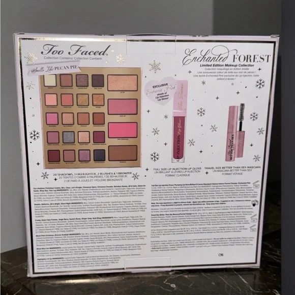 Too Faced Enchanted Eyeshadow Palette with Pink Lip Gloss and travel Mascara